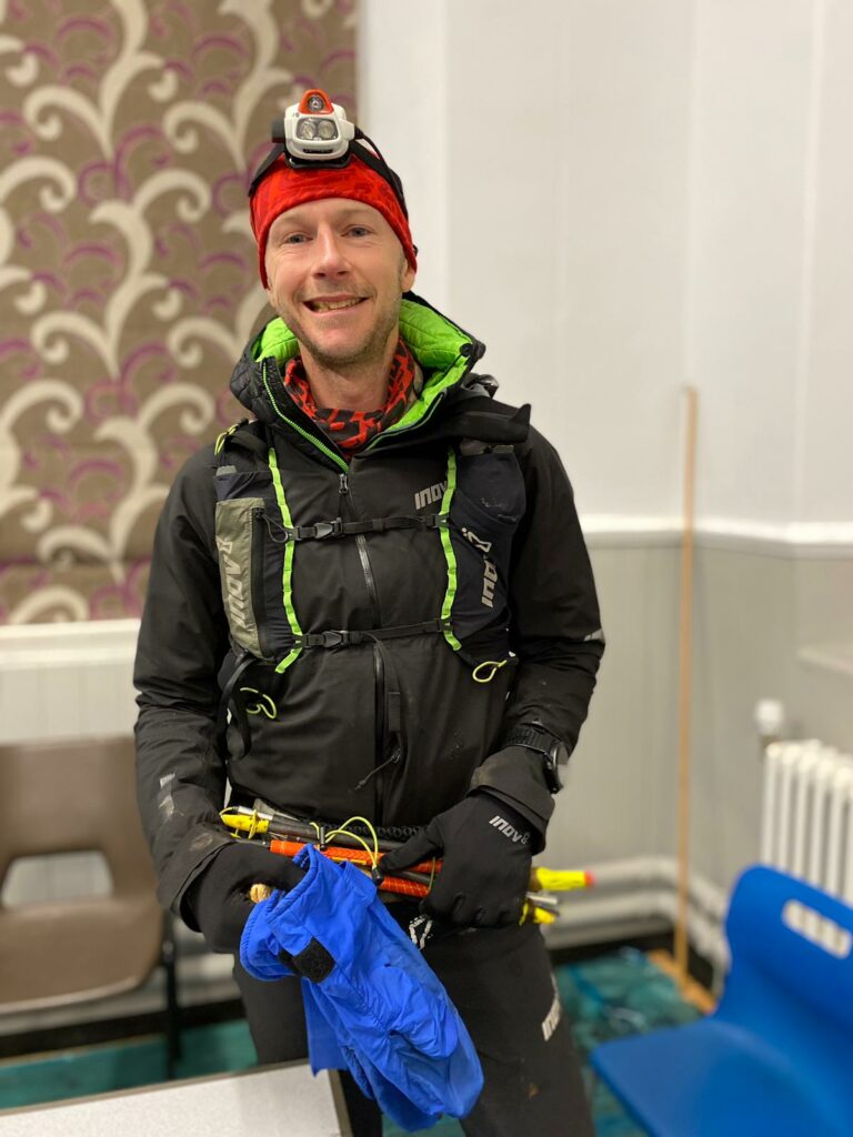 Photo of Damian Hall, the winner (and ultra running super star) in a time of 84hrs and 36 mins. Photo is at Dufton checkpoint. He got the men’s record that week.