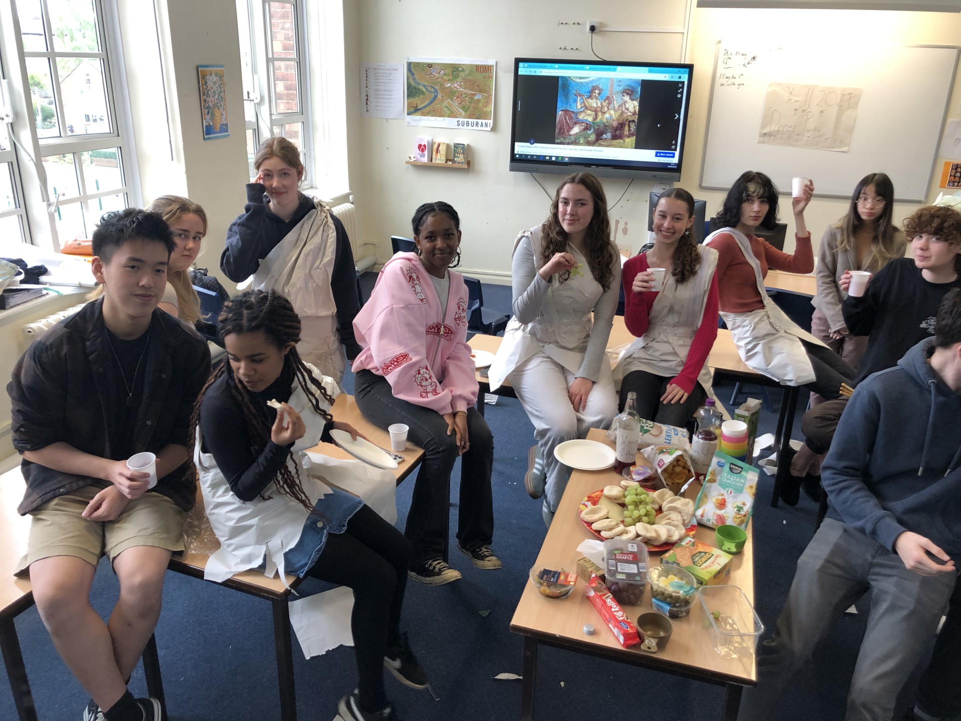 Upper Senior students taking part in Roman dinner party as part of their Classical Civilisation studies.